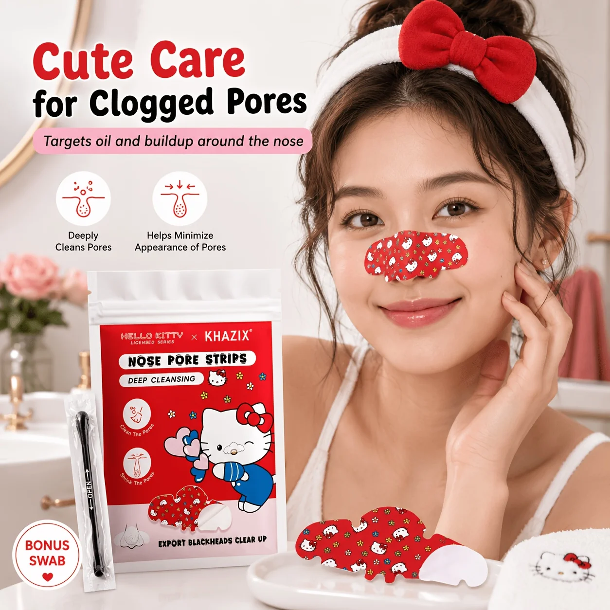 15PCS Red Hello Kitty Cartoon Nasal Patch, deeply cleans pores and gently exfoliates. Attached are 10 Cleaning tools image 4