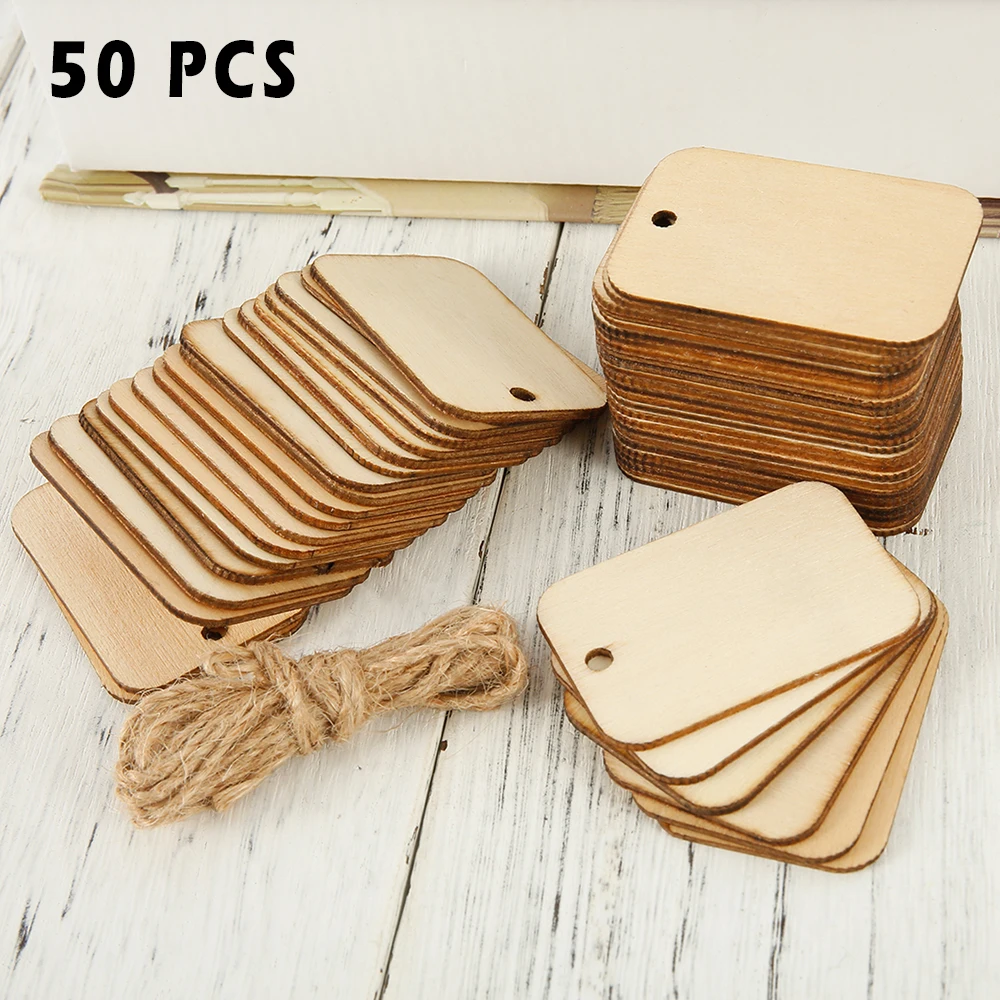 50Pcs Wood Slices with Ropes Unfinished Rectangular Log Slices Rustic Natural Wood Pieces Hanging Ornament for DIY Craft Decor