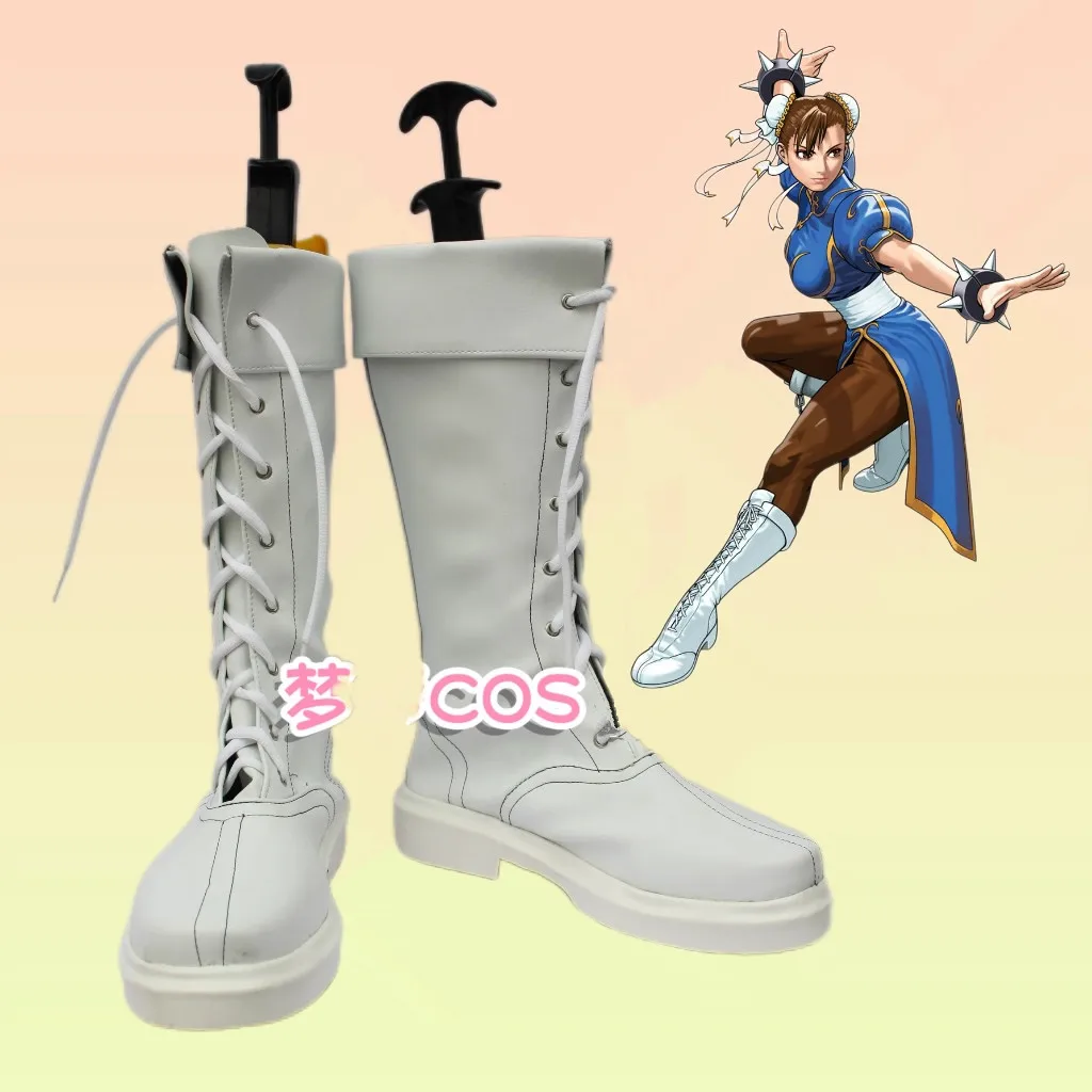 Street Fighter Chun Li Cosplay Costume Shoes White Handmade Faux Leather Boots