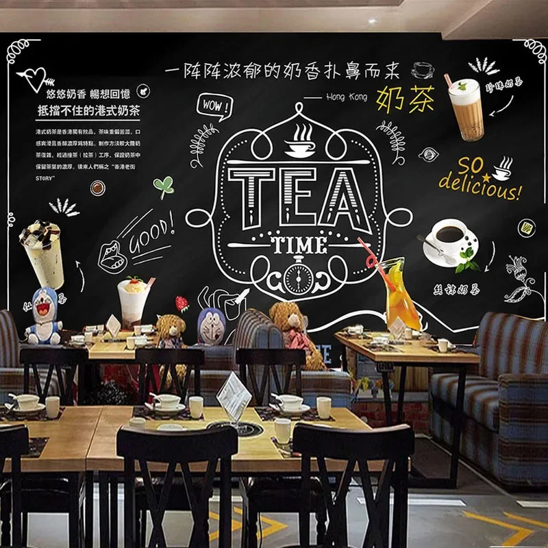 Custom Photo Papel De Parede Wallpaper 3D Blackboard Milk Tea Restaurant Cafe Bar Background Wall Murals Personality обои