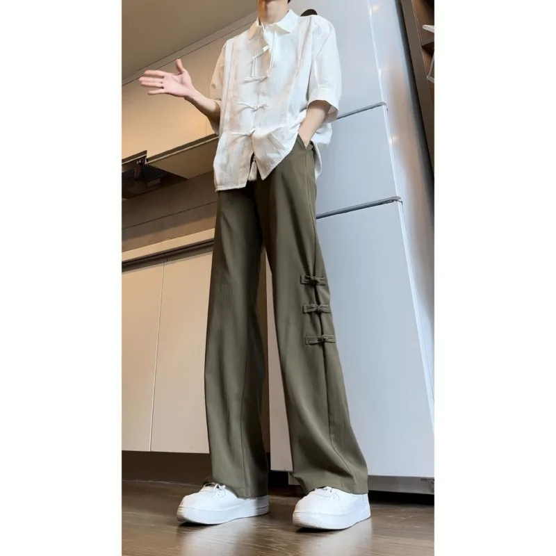 

Мужские брюки в китайском стиле с застежкой-лягушкой, широкие, летние, из ледяного шелка, свободные, повседневные, прямые