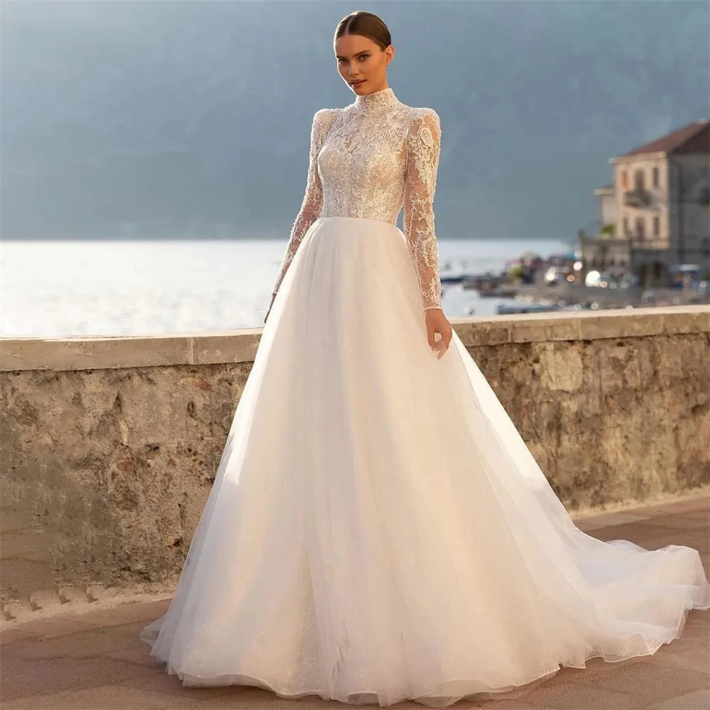 Luxury Wedding Dresses High Collar Beautiful Mermaid Long Sleeves Sexy Lace Applique Fluffy Princess Style Mopping Bridal Gowns