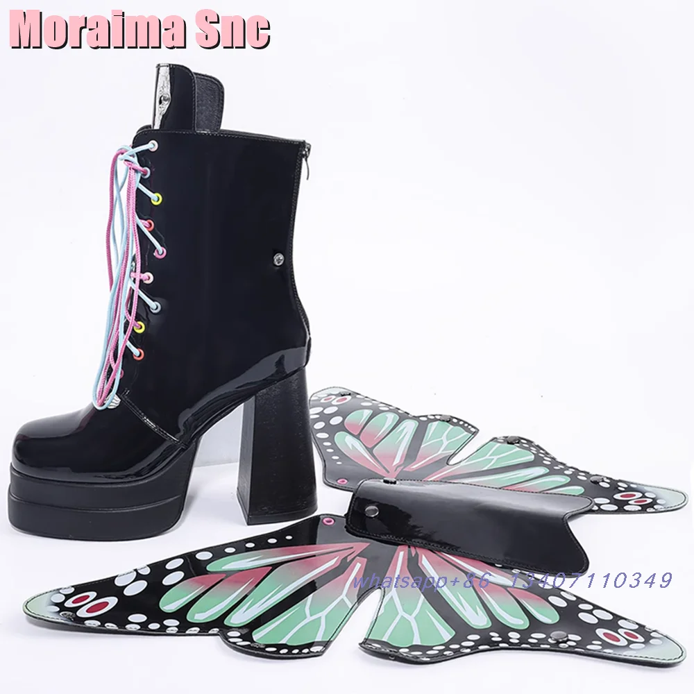 Butterfly Wings Decor Lace-up Knee High Boots Platform Block High Heel Square Toe Back Zipper Patent Leather 2024 New Women Boot