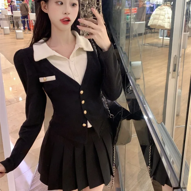 Осенне-зимний женский модный комплект Slim Fit Long Sve с плиссированной юбкой и воротником на пуговицах Sle College Wind