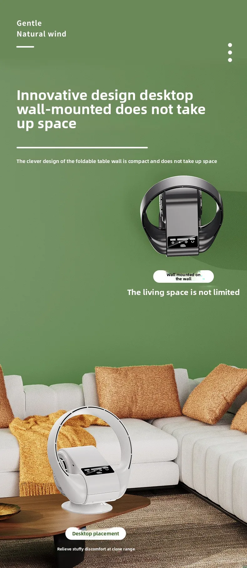 2025 Neuer USB-Ventilator zur Wandmontage, kabellos, wiederaufladbar, batteriebetrieben, leiser Tischventilator mit 5 Geschwindigkeiten für Büro/Schlafzimmer, Fernbedienung – Detail 2