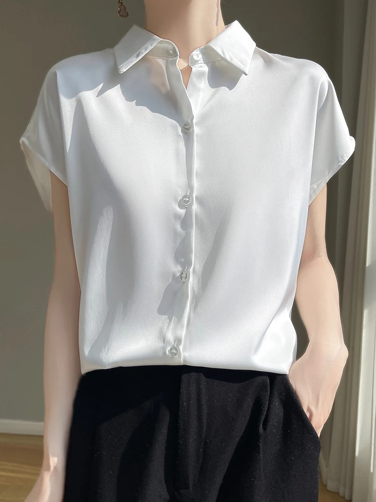 

Acetate Satin ort Sve White irt Women's Profional Interview Formal Boting Design Sensation Top Collar Loose...