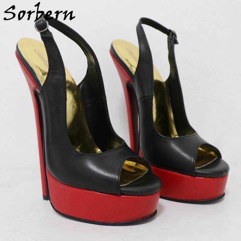 Sorbern Classical Black Red Slingback Sissy Boy Open Toe Platform 20CM Stilettos Real Leather 16cm High Heel Shoe Custom Color