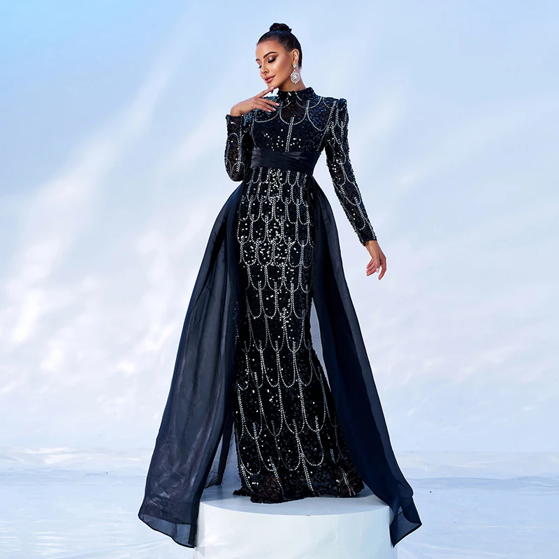 Women Luxury Party Dresses Long Sleeve O Neck Black Sequined Formal Occasion Evening Cocktail Prom Mermaid Dress