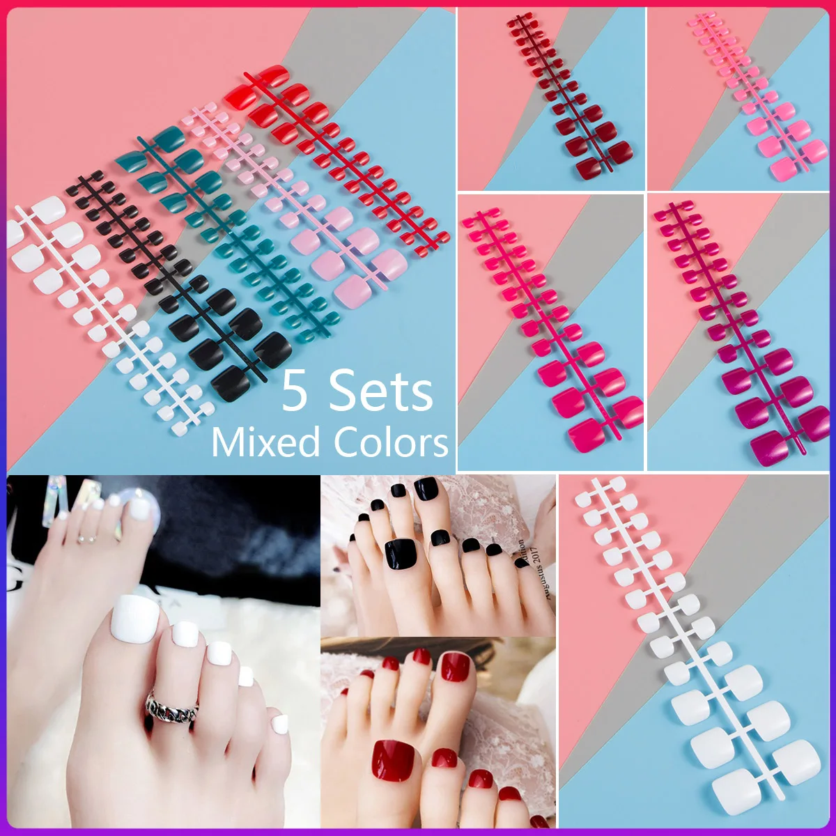 

Mixed 5 Colors full cover false nails short foot fake nails Candy Color 24pcs/set press on nails foot toe french nail art tips