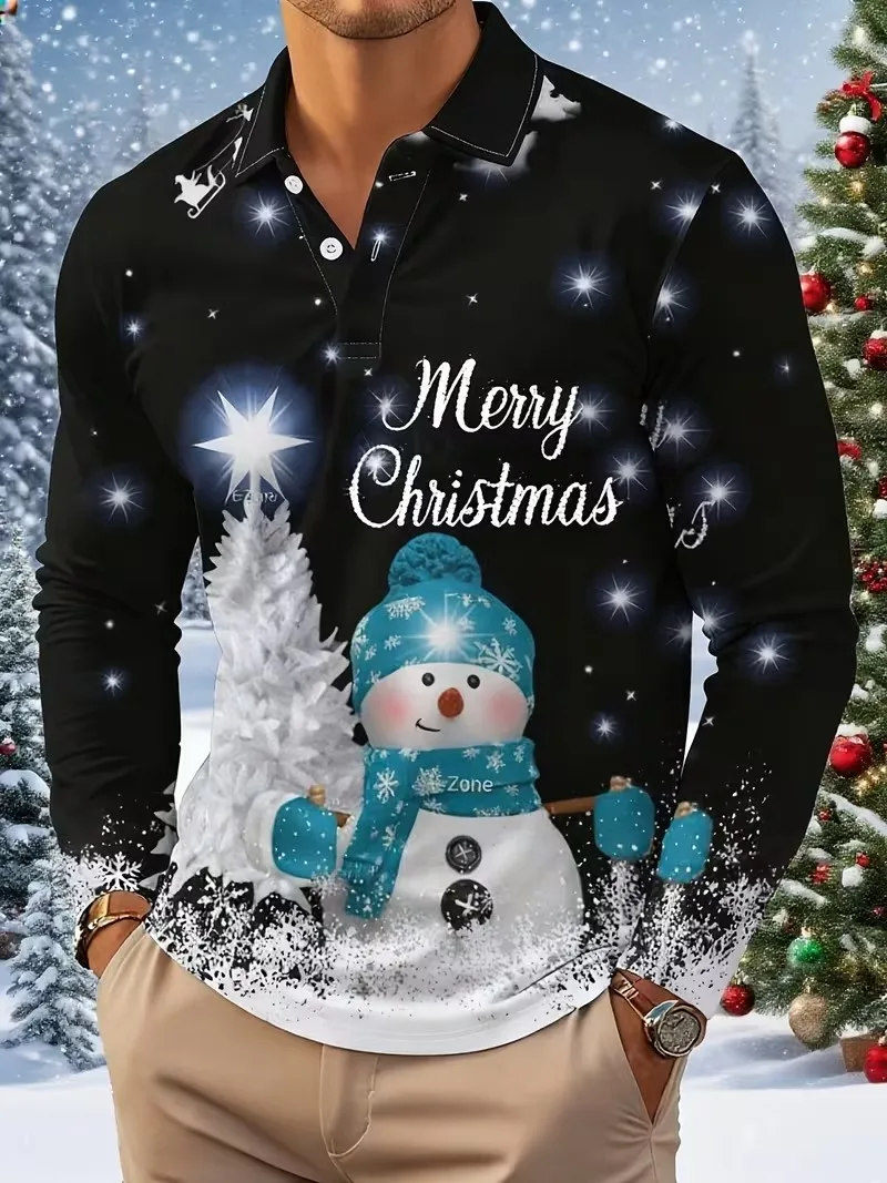 Men's long sleeved polo shirt with button over collar, featuring a trendy New Year, European, and American Christmas style