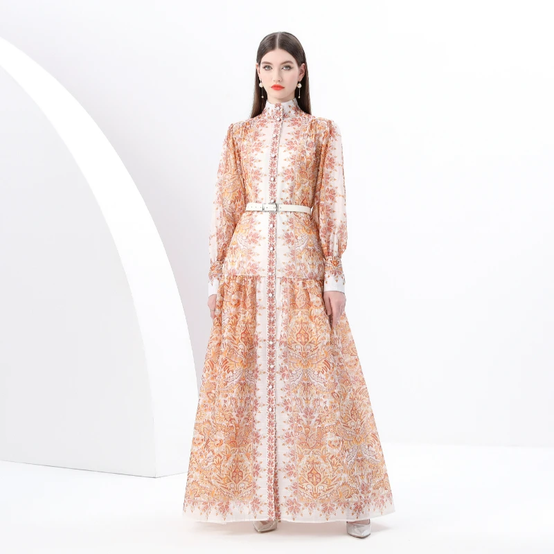 Briti Sle Long Sve Floral Print Stand Collar Maxi Dr Women's Photoaphy Dr Ele Midi Skirt Polyester Fiber