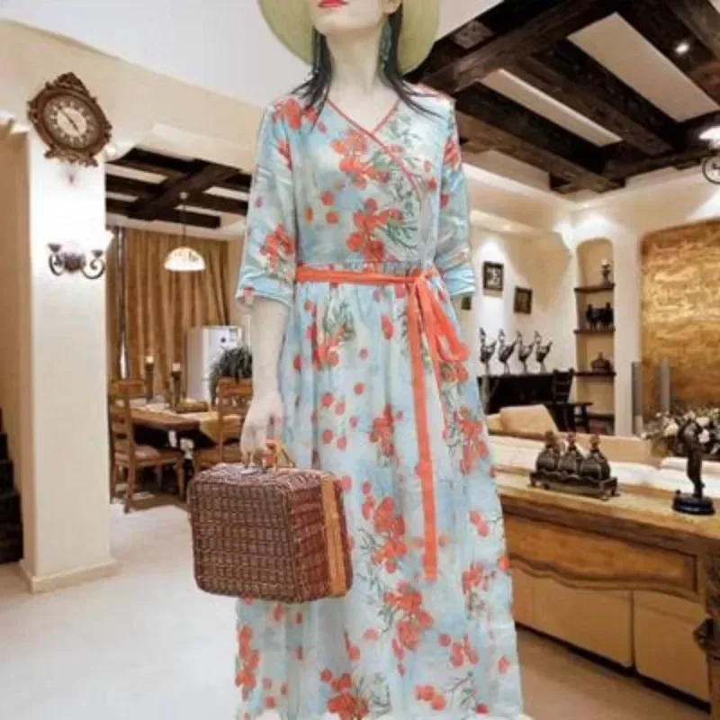 

Pure silk ramie printed small blouse fabric shirt half skirt new dress long skirt high-end summer clothing high-end fabric 2024