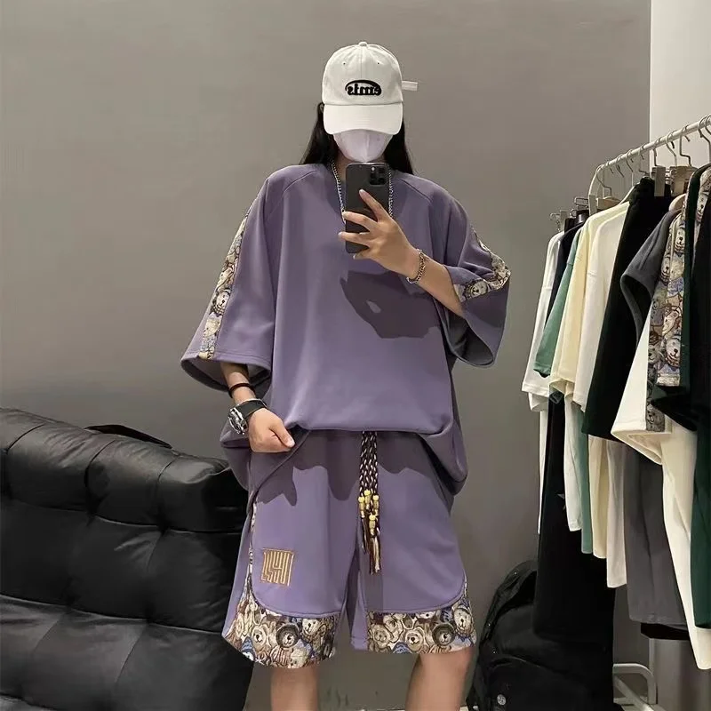 2024 Summer New Men\'s Leisure Sports Chinese Style Retro Couple Set Breathable Loose Fashion Splicing Two Piece Set