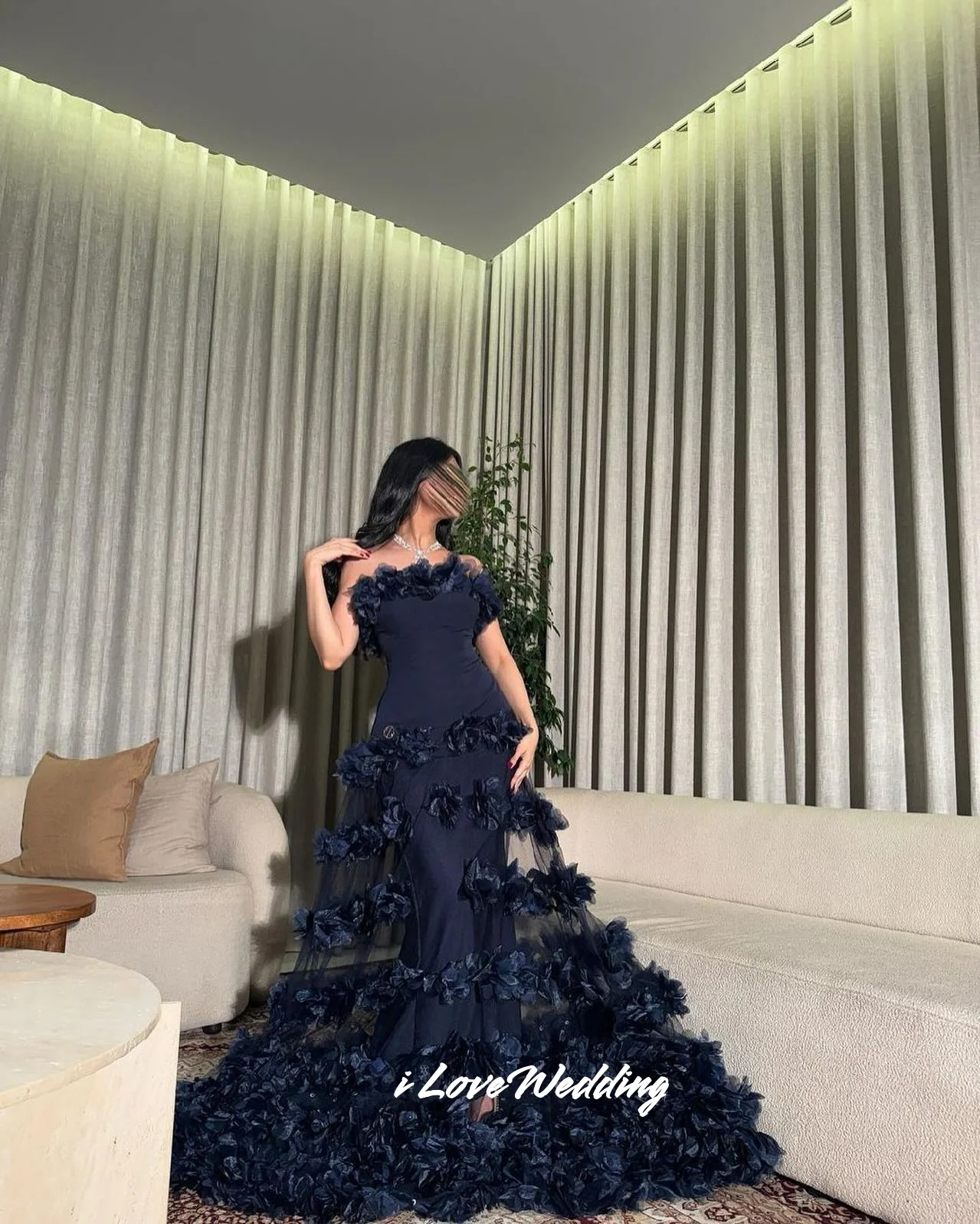 

Dark Blue 3D Flower Prom Dress Sleeveless Strapless A-Line Floor-Length فساتين سهرات Party Dress Modern Pleat Customi