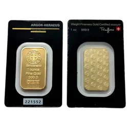 1/5/10pcs 24K Gold Plated Swiss 1 OZ  Argor-Heraeus Gold Bars Replica Gold Bullion Gold Coins Gifts Bullion Collection