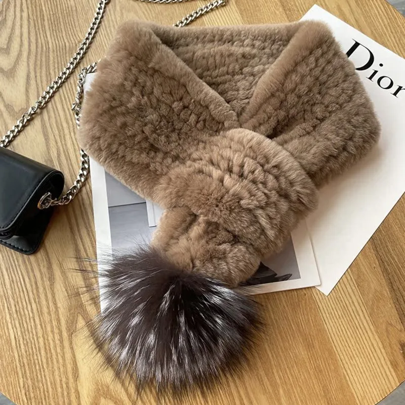 Real Rex Rabbit Fur Scarf Thickened Warm Fur Scarf With Fox Fur Ball Double-sided Weaving Natural Fur Muffler Russian Fur Scarf