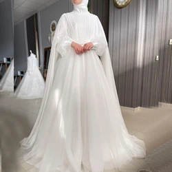 White Muslim Wedding Dresses for Bride High Neck Long Sleeve A Line Pleat Hijab Bride Bridal Gowns robes de mariee Customized