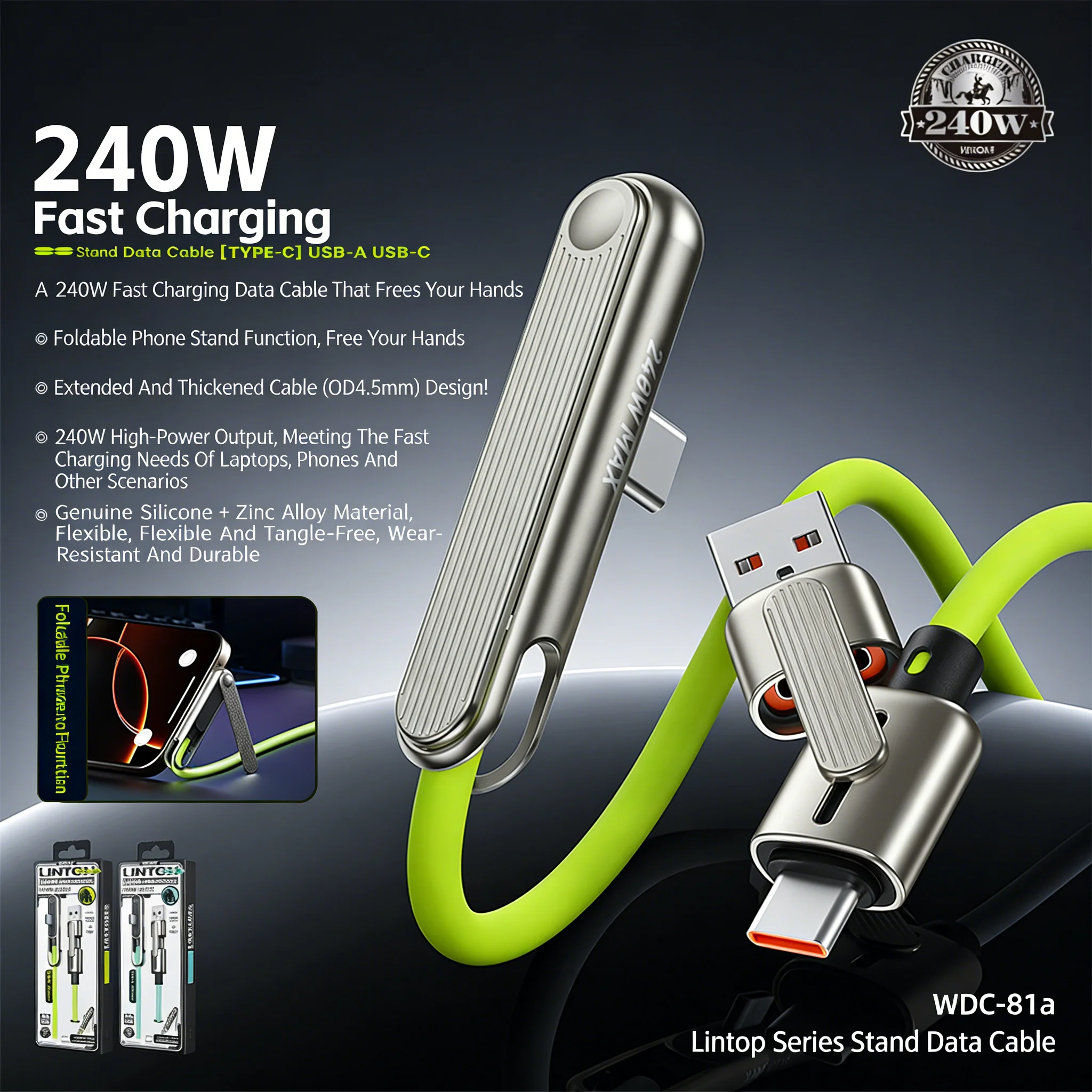 

240W 1.2M Portable Fast Charging Cable Phone Tablet Foldable Holder 2-in-1 Folding Bracket Earphone Data Wire for iPhone Huawei