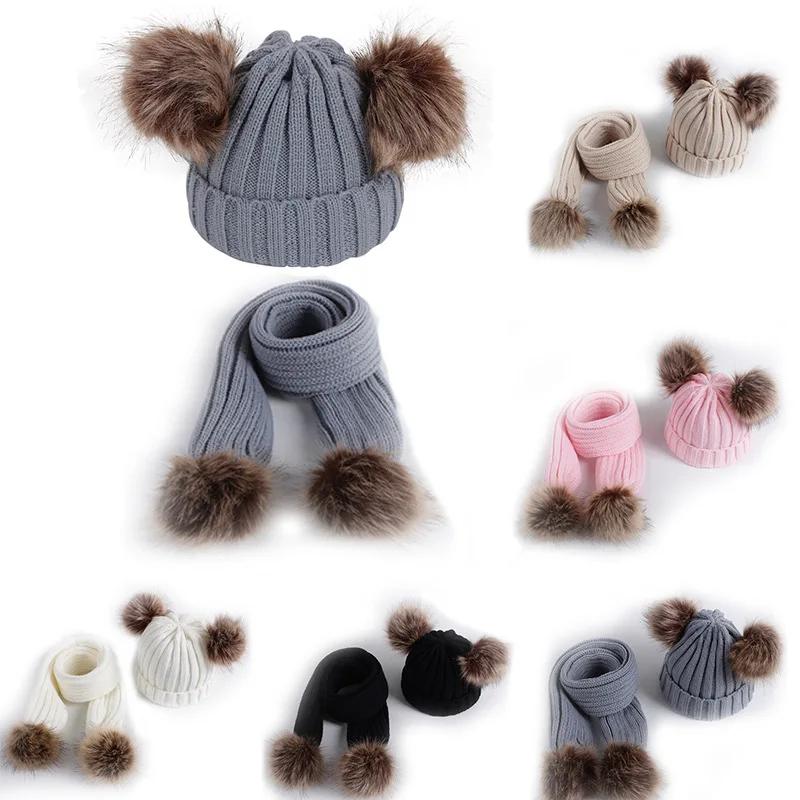 Baby Girls Boys Winter Hat Scarf Set Infant Toddler Knit Pom-pom Beanie Hat Scarf Winter Warm Set Skiing Hat Cap 0-3 Years