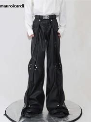 Mauroicardi Spring Autumn Cool Long Loose Casual Soft Black Pu Leather Pants Men Luxury Designer Clothing Trousers Fashions 2023