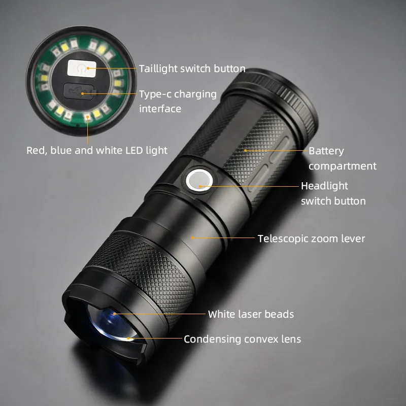 MONHNR Strong Light Zoom Multifunctional Led Flashlight Type-C Rechargeable Work Light XHP50 Rechargeable Flashlight