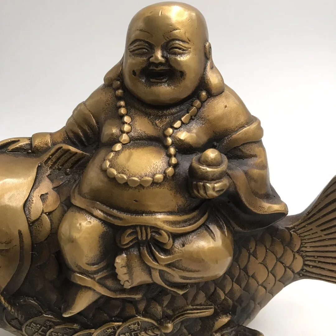 Ancient Chinese Hand-cast Brass Statue of Maitreya Buddha and Fish Monk