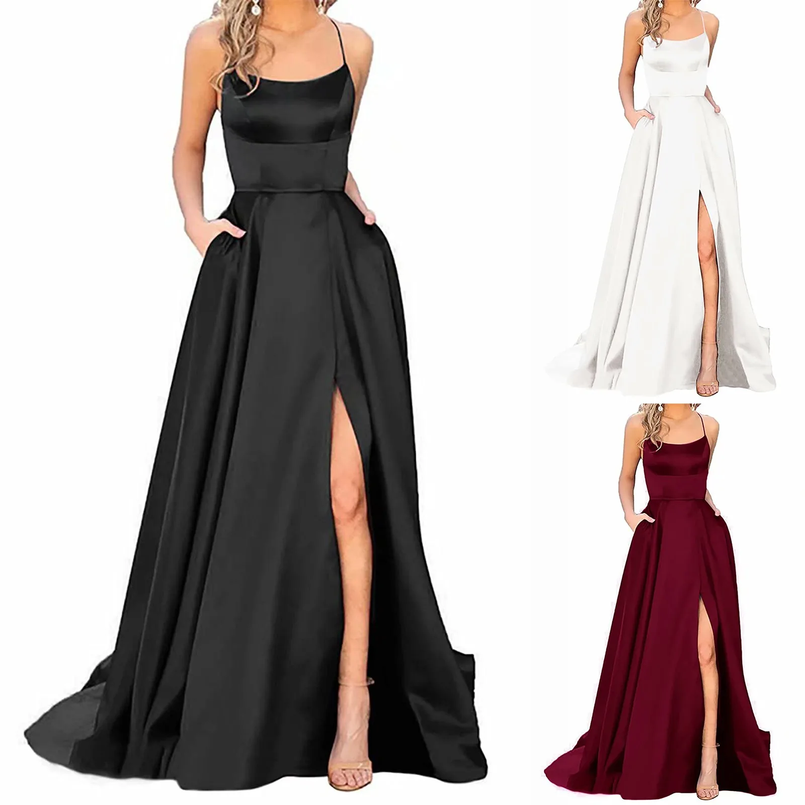 Abiti da ballo signore eleganti donne lunghe vestono le donne Backless Satin Spaghetti Party spacco laterale abiti da sera da sposa da donna