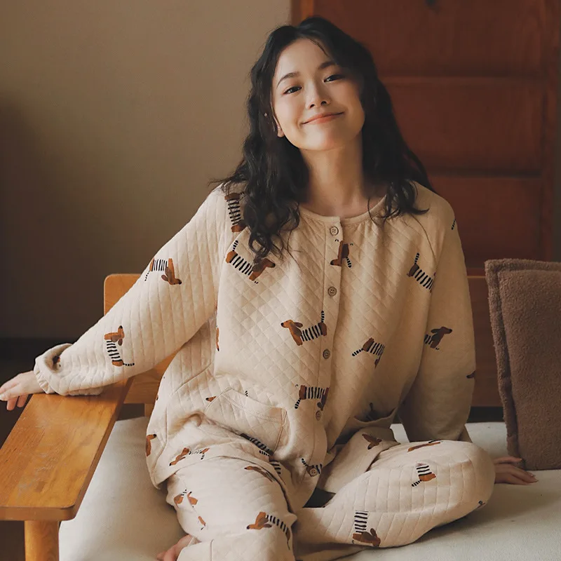 

Thickened Long Sleeve Pure Cotton Pajamas Set for Women Autumn Winter Home Clothes Air Cotton Interlayer Large Size Sleepwear