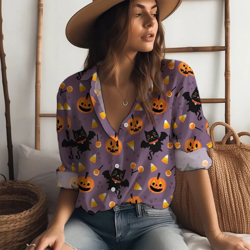 Kemeja lengan panjang wanita motif 3D, baju dekorasi pola labu dan hantu dengan gaya Halloween