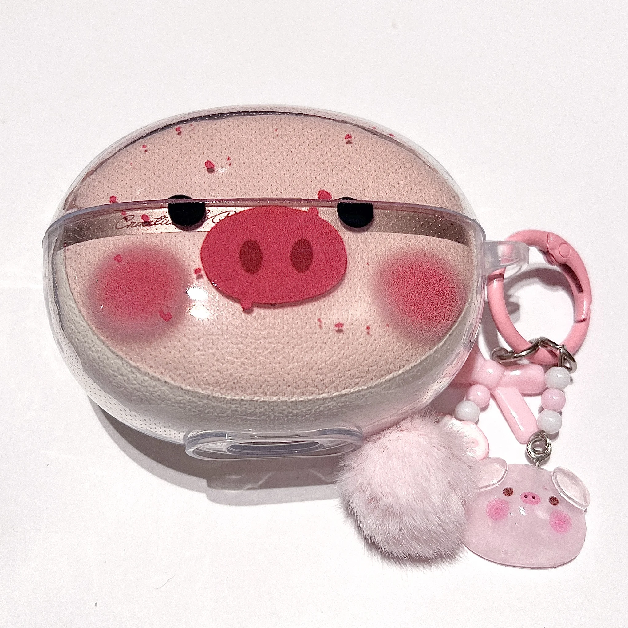 Cute 3D Pig Face Earphone Case For QCY C50, Transparent Clear Soft Protective Cover With Plush Ball Pig Pendant Earbuds Shell