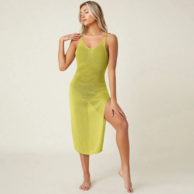 

2024 Thin Perspective Backless Women Dress V-neck Knit Tank Dress Sexy Vacation Beach Tight Vestidos Bikini Swimsuit Cover Up