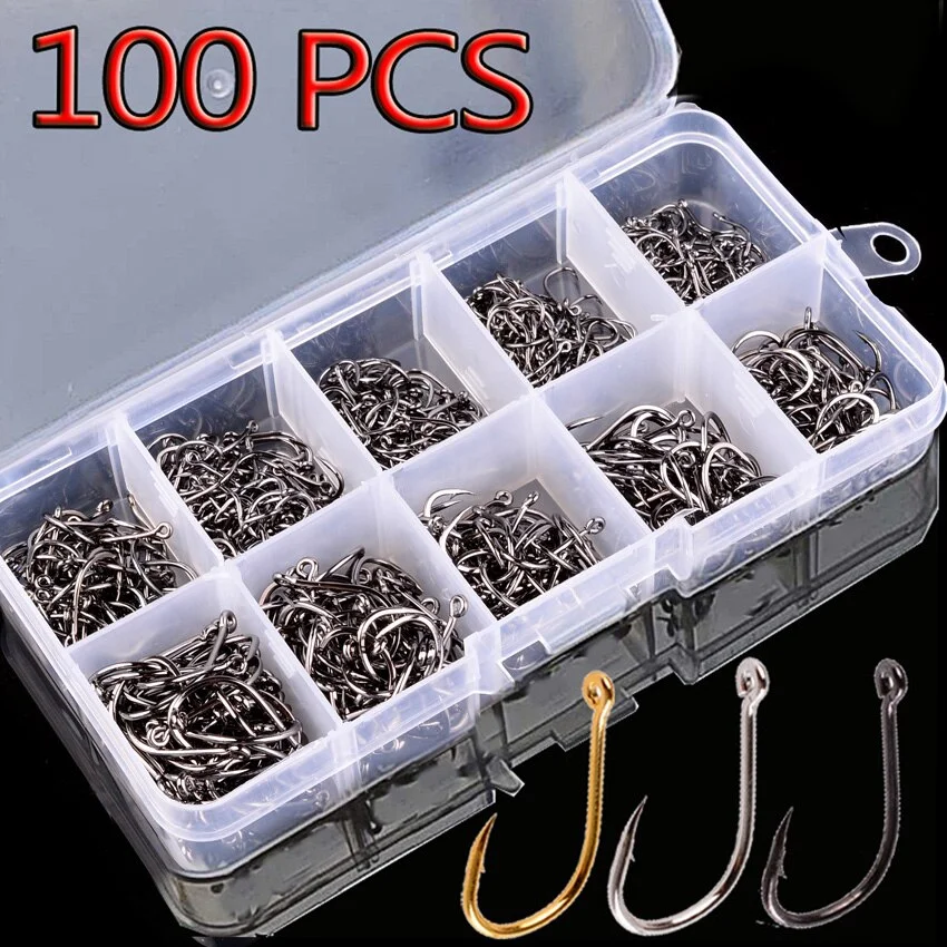 100Pcs Fishing Hooks Set Carbon Steel Single Circle Fishing Hook Fly Fishing Jip Barbed Carp Hooks Sea Tackle Accessories