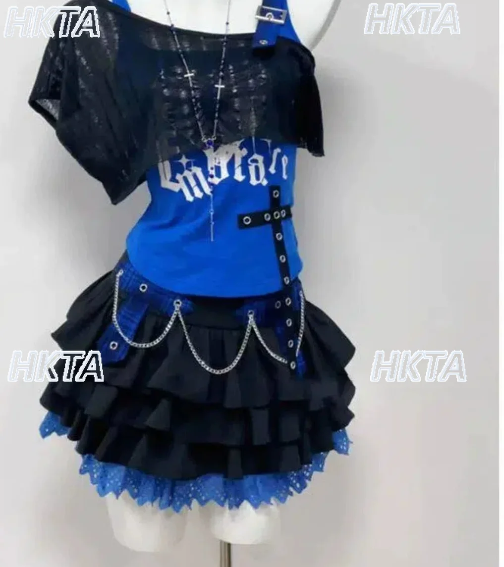 Dark Subculture Gothic Personality Summer Sweet Cool Alphabet Print Vest Top Hot Girl Cardigan Lace Cascade Cake Skirt Set Women