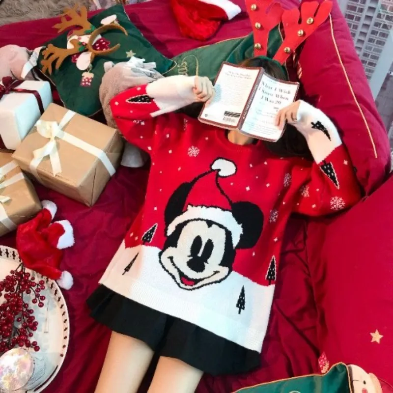 Mickey Red Christmas Sweater Women Loose Retro Spring Autumn Women Clothes Korean Fashion Y2k Tops Pullover for Girls 2025 New