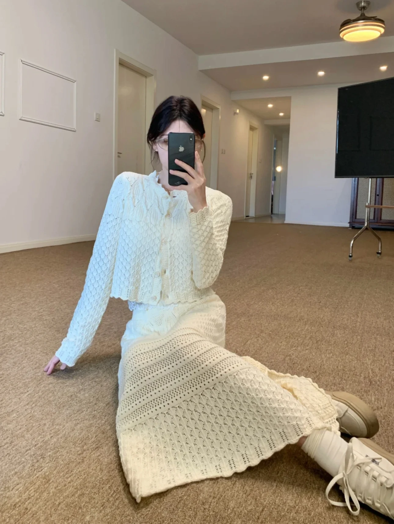 

Elegant Hollow out Knitted Cardigan And High Waist Slim Long Midi Skirt Two Piece Set Autumn Vintage Style High Quality F131
