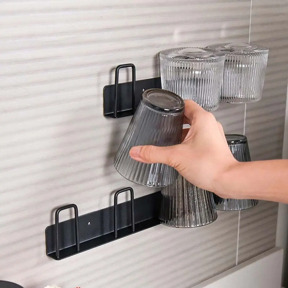 Practical 3/4 Hook Coffee Cups Holder Metal Wall-mounted Cup Drying Rack Heavy-Duty No Drilling Cup Storage Rack for Home