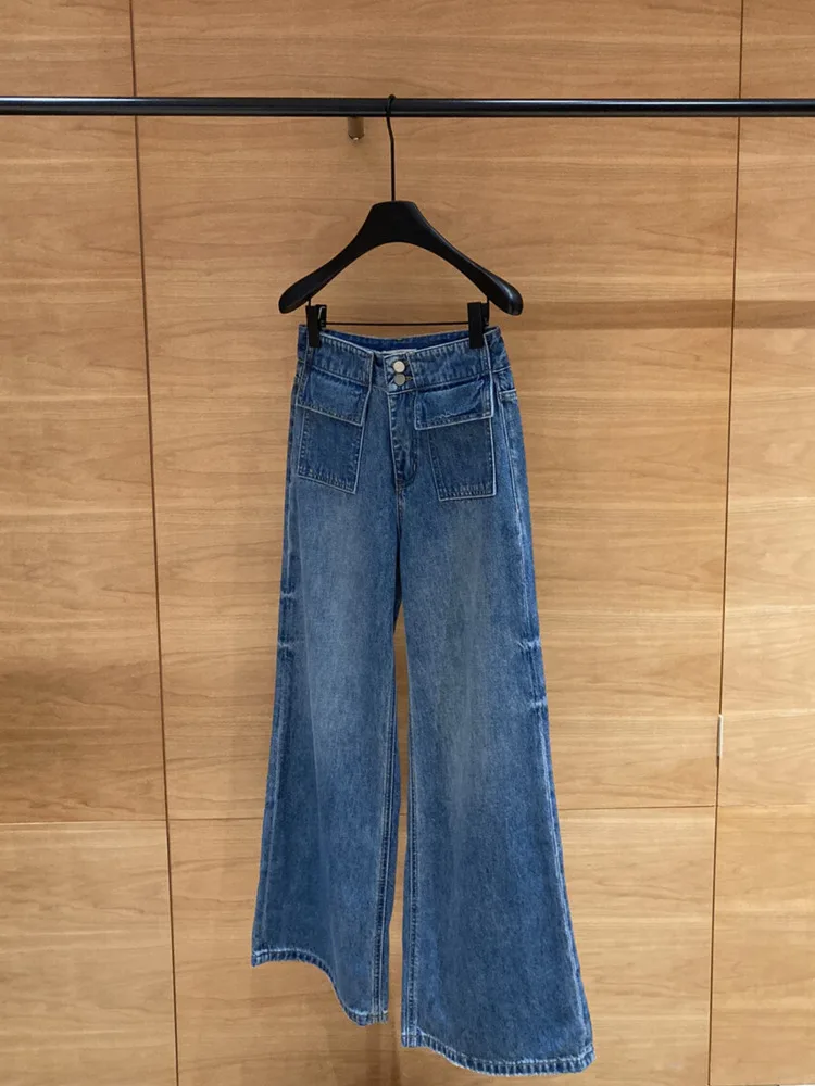 BJTZ pantalones vaqueros de cintura alta de diseñador de bolsillo para mujer 2025 primavera otoño nueva moda ropa de calle informal de pierna ancha pantalones vaqueros femeninos