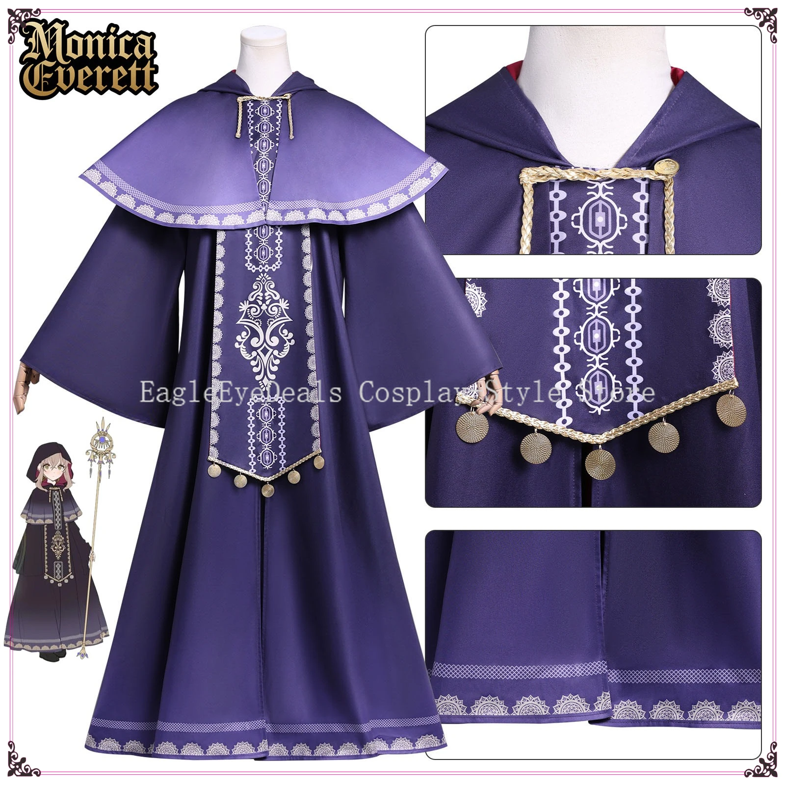 الساحرة الصامتة مونيكا ايفريت تأثيري حلي أسرار الساحرة الصامتة ايفريت رداء هالوين أنيمي الأرجواني ماجيك رداء مجموعة كاملة