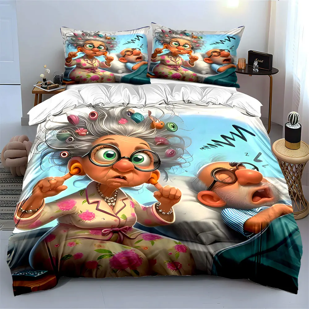 Funny Cartoon Grumpy Grandma Snoring Grandpa Bedding Set 3pcs, Cute Comic Elderly Couple Print Duvet Cover,Double, Single, Gifts