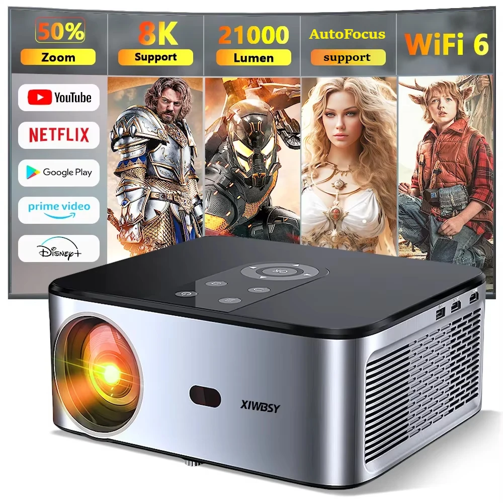 XIWBSY 21000 Lumens Android 4K Projector 6G WIFI Auto Focus/keystone Smart Projectors Home Theatre Cinema Outdoor Projector