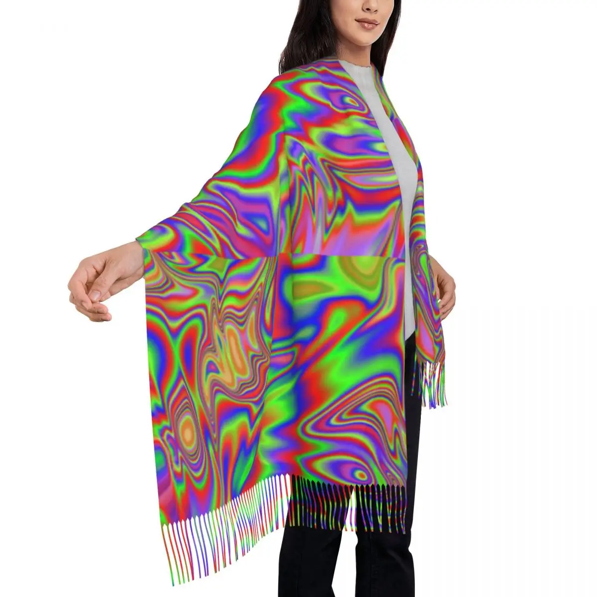 Liquid Rainbow Scarf with Long Tassel Abstract Marble Outdoor Shawls Wrpas Men Women Headwear Scarves Winter Vintage Bufanda