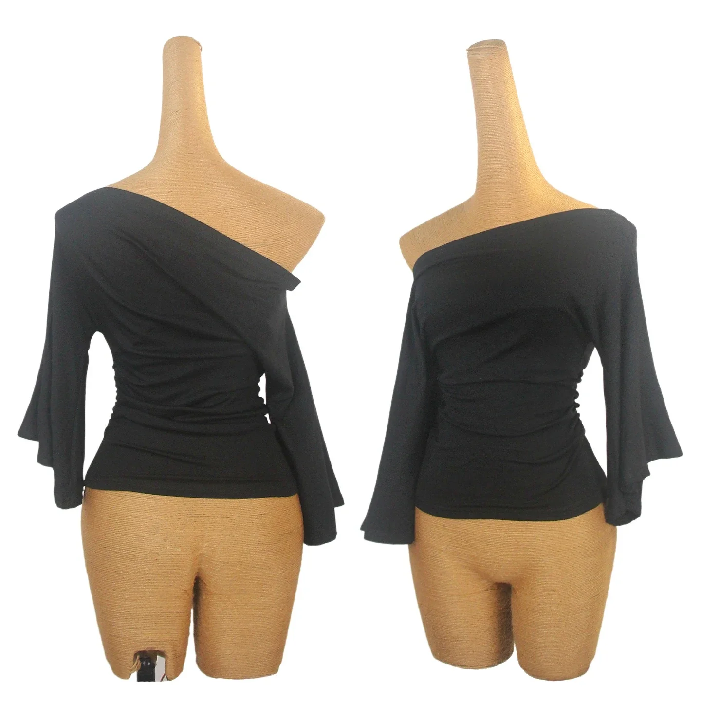 

Rumba Ballroom Dance Practice Clothing Salsa Dance Wear Design Sense Latin Dance Tops Black Slant Shoulder Short Tops