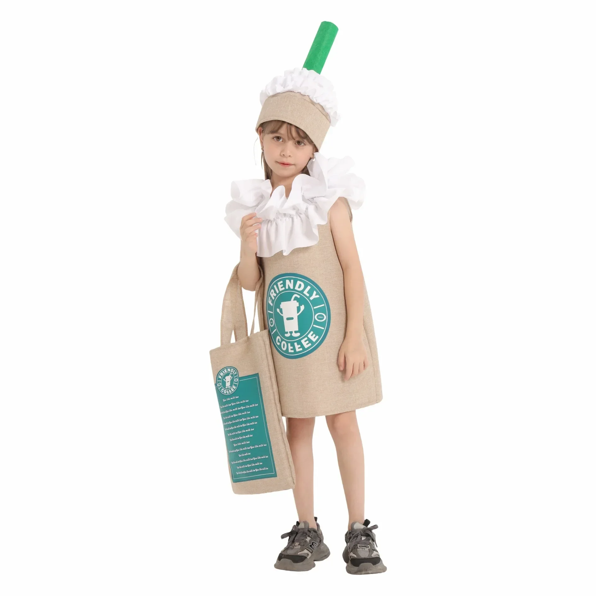 2025 Disfraces de Halloween de nourriture pour enfants, tenues pour enfants, boissons de coco vert, thé au lait, scène, vêtements de