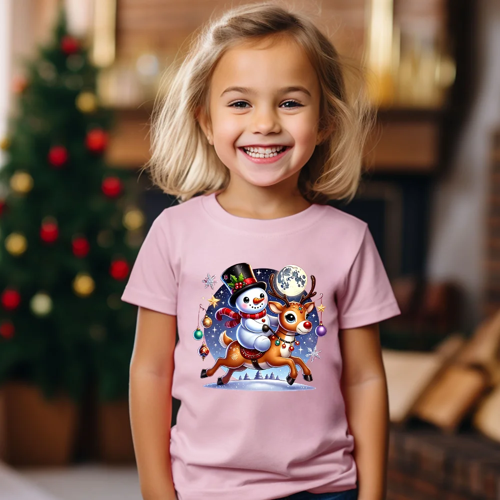 

Christmas Reindeer Snowman Printed Kids Shirt Clothes Boys Girls Casual Short Sleeves Tops Xmas Tee Holiday Outfits
