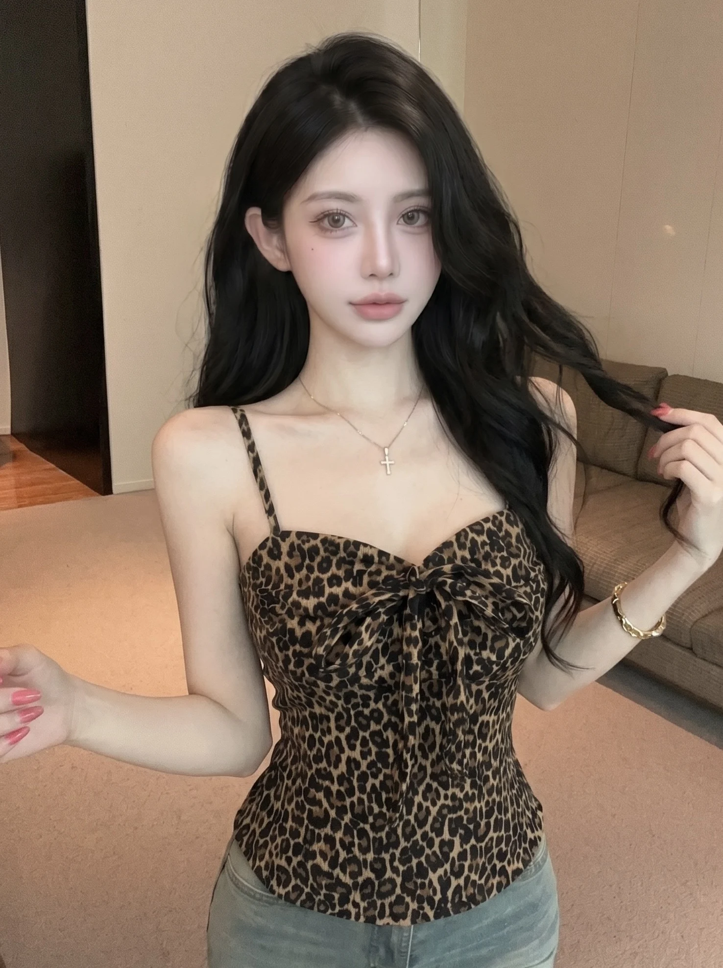 

Sexy Vintage Leopard Print Tank Top Strapless V-Neck Slimming Wrap Women's Sleeveless Summer Fashion Commute Style Citywalk