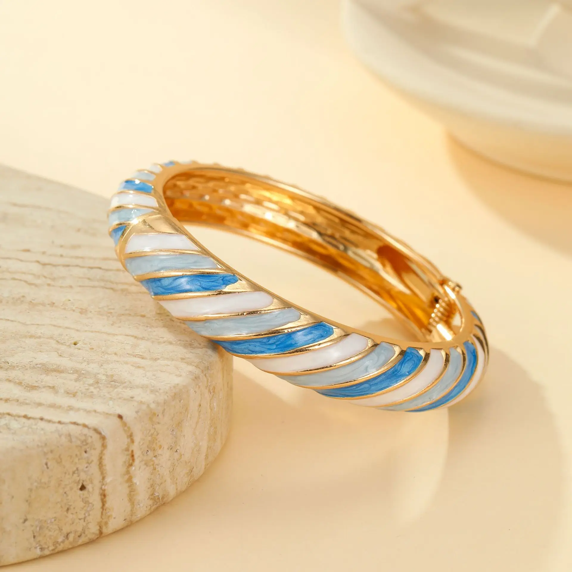 Thickened open bangle with drip oil colorful stripes for women, zinc alloy enamel color-block bracelet for stacking