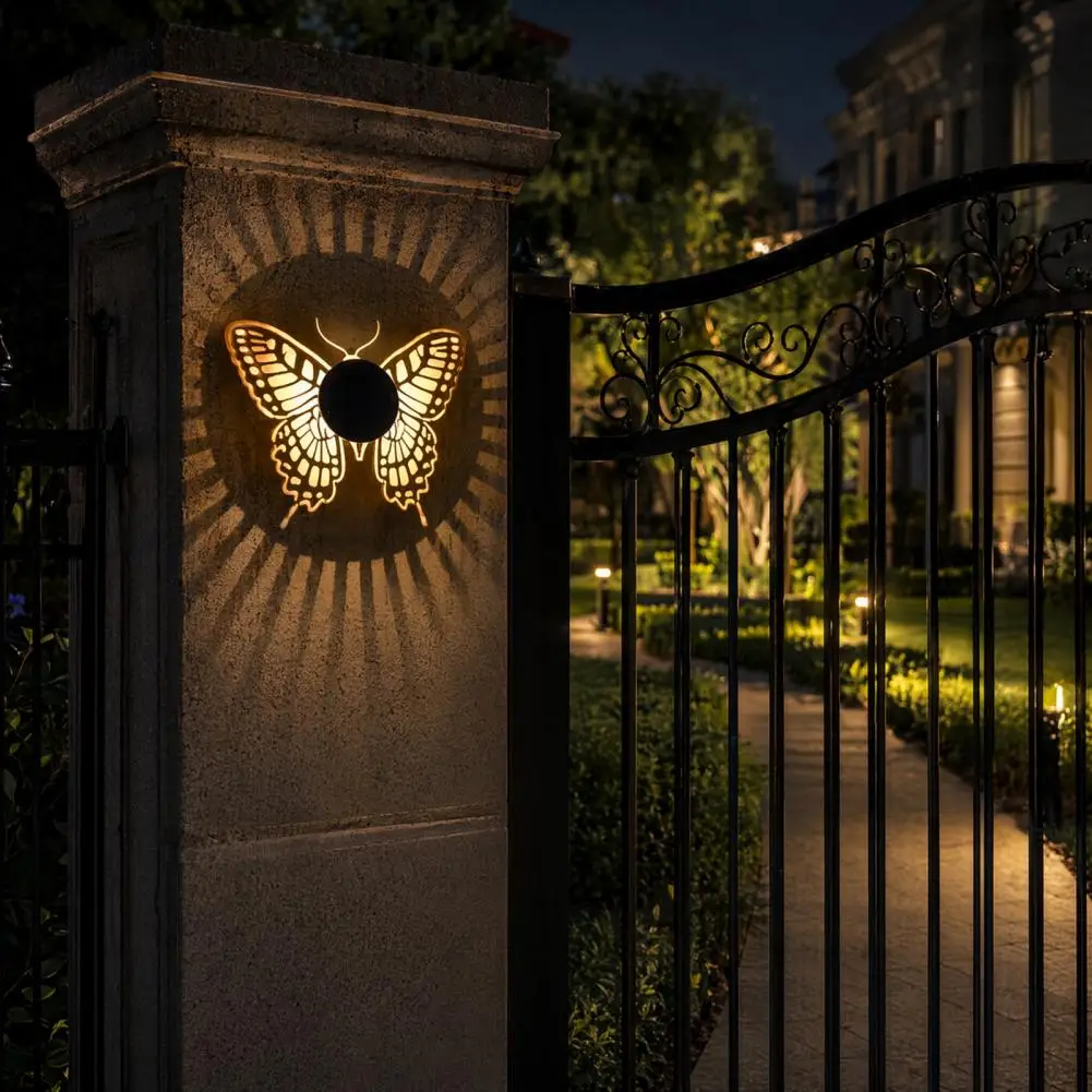 Butterfly Solar Light Solar Wall Light with Butterfly Pattern Seven Color Changing Projection Lamp Waterproof Metal for Garden