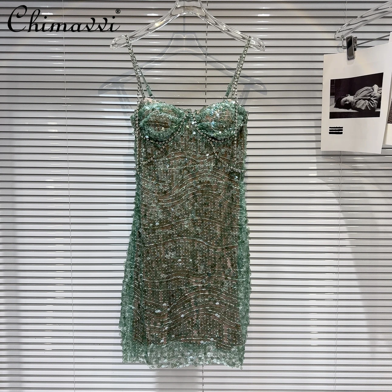 

Sexy Green Sequin Short Dress Women 2024 Summer New Hot Girl Socialite Heavy Rhinestone Chain Slim Fit Elegant Sling Dress Women