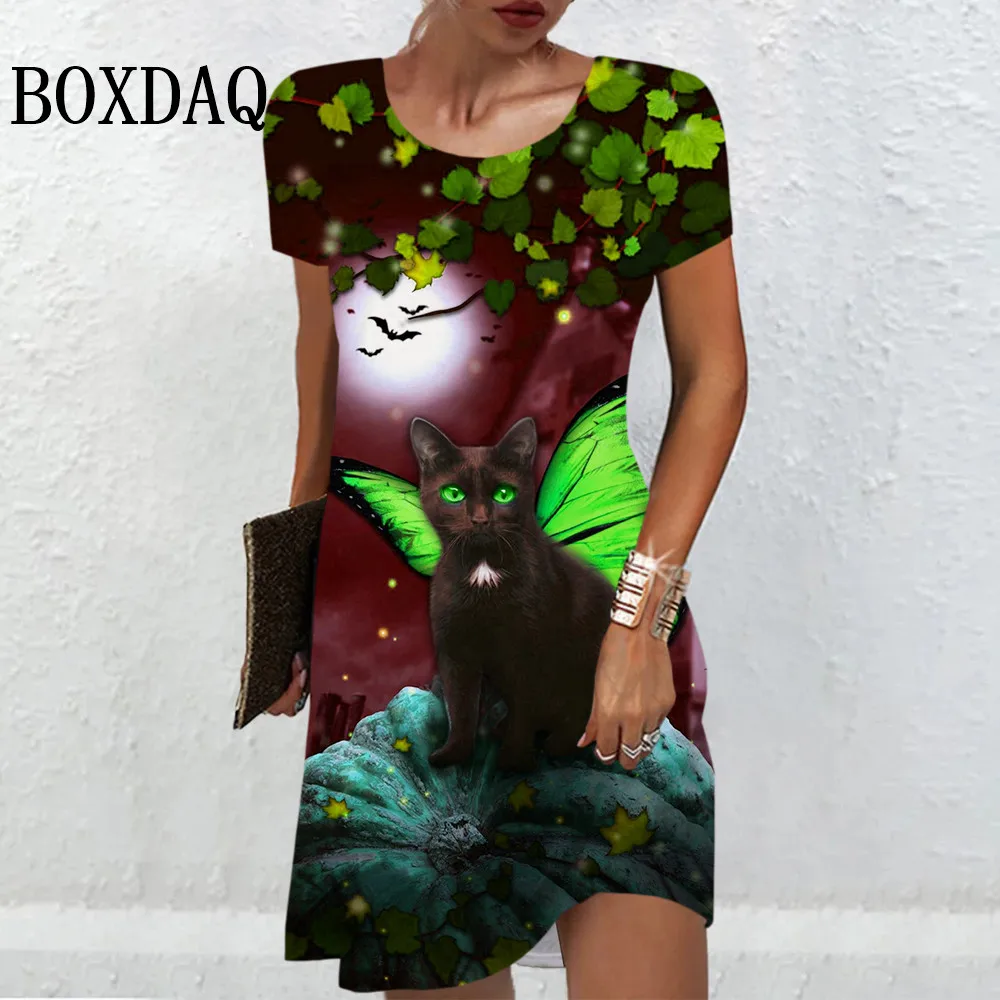 Vestido corto con estampado de gato clásico para mujer, minivestido informal de manga corta con cuello redondo, estampado Floral en 3D, moda de verano