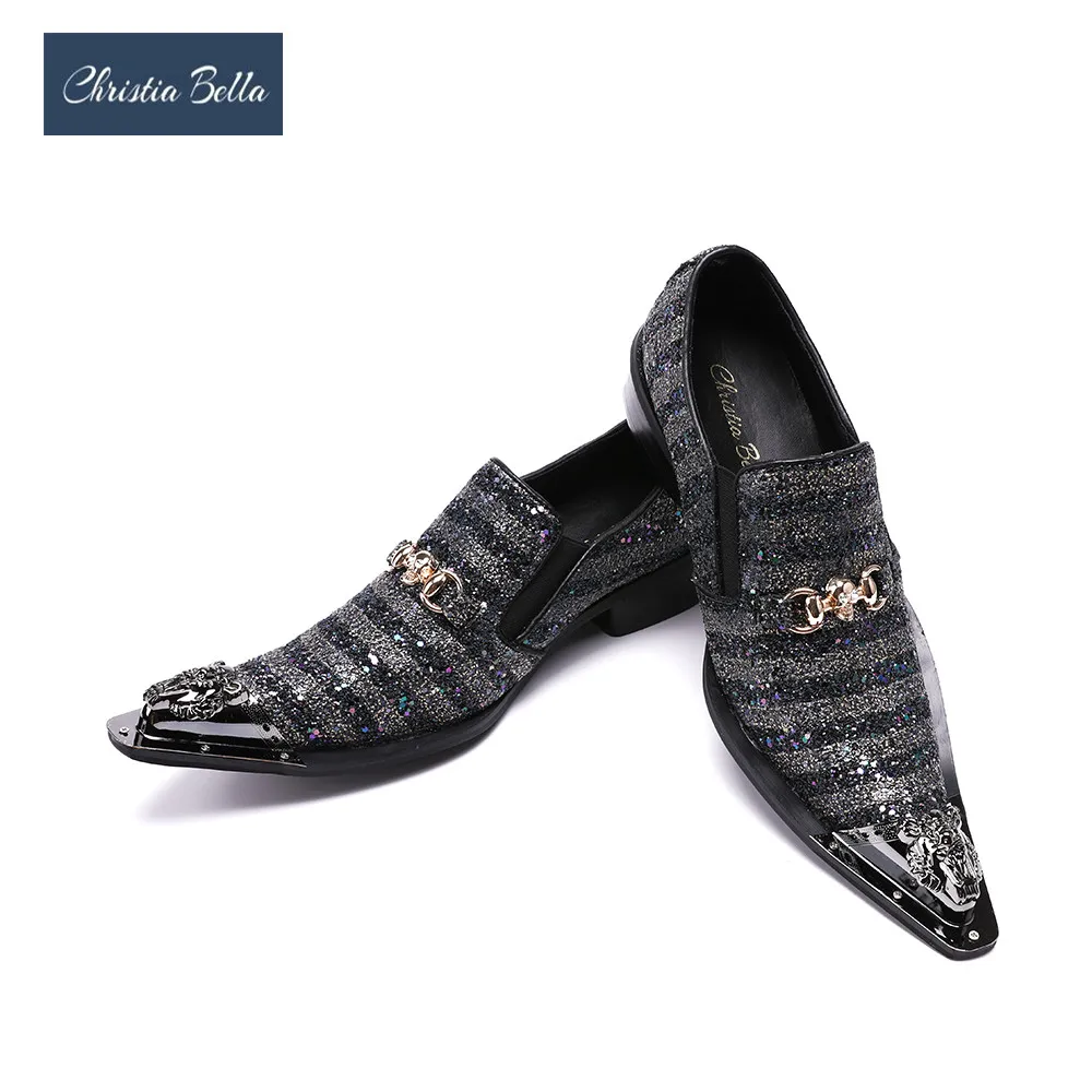 

Christia Bella Shiny Sequins Stripe Men Party Oxford Shoes Metal Pointed Toe Men Wedding Dress Shoes Genuine Leather Men Shoes